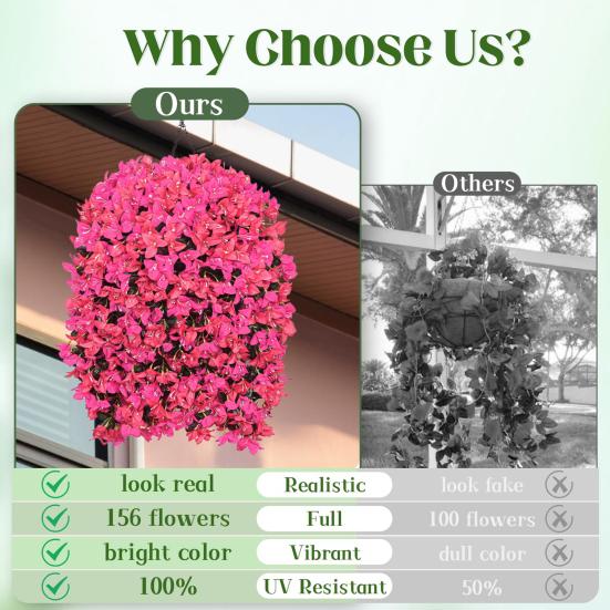 2Pcs Hanging Artificial Bougainvillea Speetabilis UV Resistant Realistic Fake Flower Wedding Party Indoor Outdoor Garden Yard Wall Hanging Faux Bloom