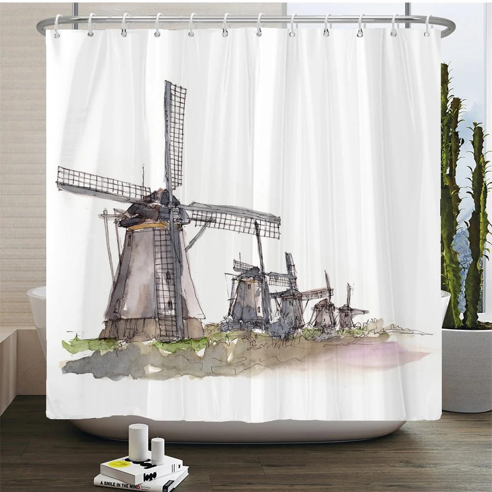Art Line Drawing Scenery Shower Curtain Waterproof Polyester Bathroom Curtain Room Decor Bathtub Curtain Textured With Hooks
