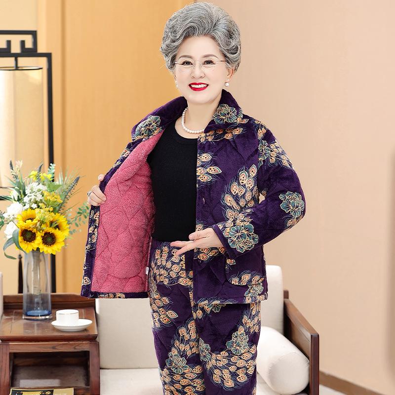 

Ladies Winter Floral Pajama Set - Warm Cotton with Plus Velvet for Middle-Aged & Elderly Women L (within 100 jin)