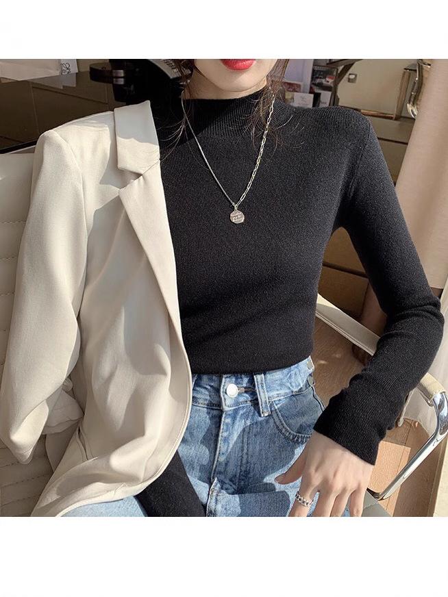 2024 Autumn Winter Women's Lazy Style Long Sleeve Knit Sweater with Half High Neck