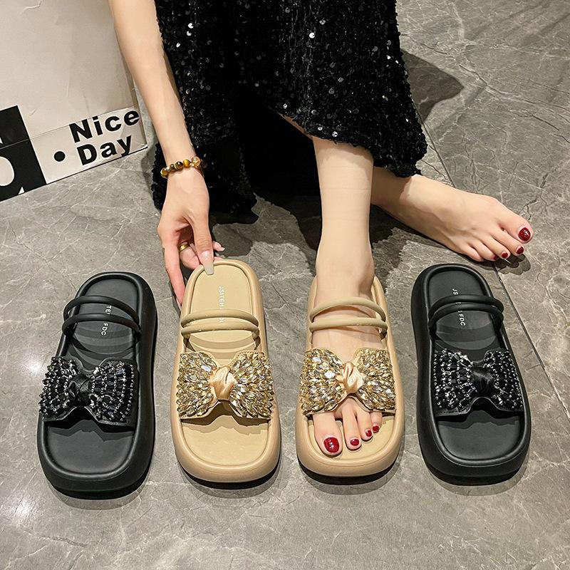 Thick Bottom Step On Shit Wear Summer Bow 2025 New Slippers Rhinestone Feeling Female Outer Drag with Skirt Non-slip Sandals