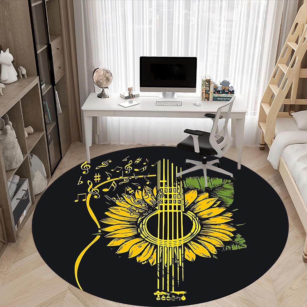 1pc Guitar Sunflower Office Round Area Rug, Indoor Mat Suitable ForOffice, Under Office Chairs Bedroom Living Room Home Decor, Room Deco T181