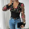 YYFS Women's Fashion Casual Flower Pattern Print Spring Fall Long Sleeve V-Neck Bodysuits
