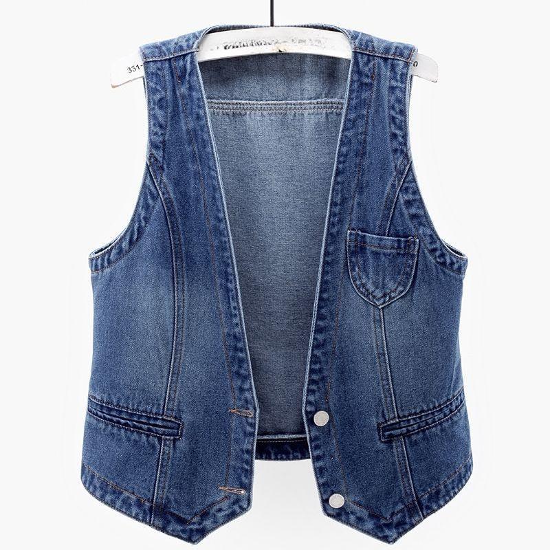 Women's Short   Denim Vest  Spring   Slim Sleeveless Jacket Vest Single-breasted Solid Color Top