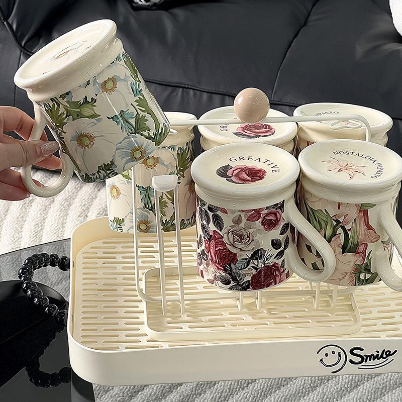 Retro Literární Francouzský Tištěný Hrnček Kreatívny Pastoračný Štýl Rastlinný Kvetinový Štýl Keramická Súprava Pohárov na Vodu