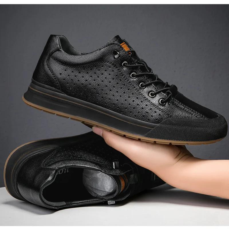 Genuine Leather Men Skataboard Shoes Elevator 6CM Height Increase Sports Loafers Hollow Breathable Sneakers Heightening Shoes