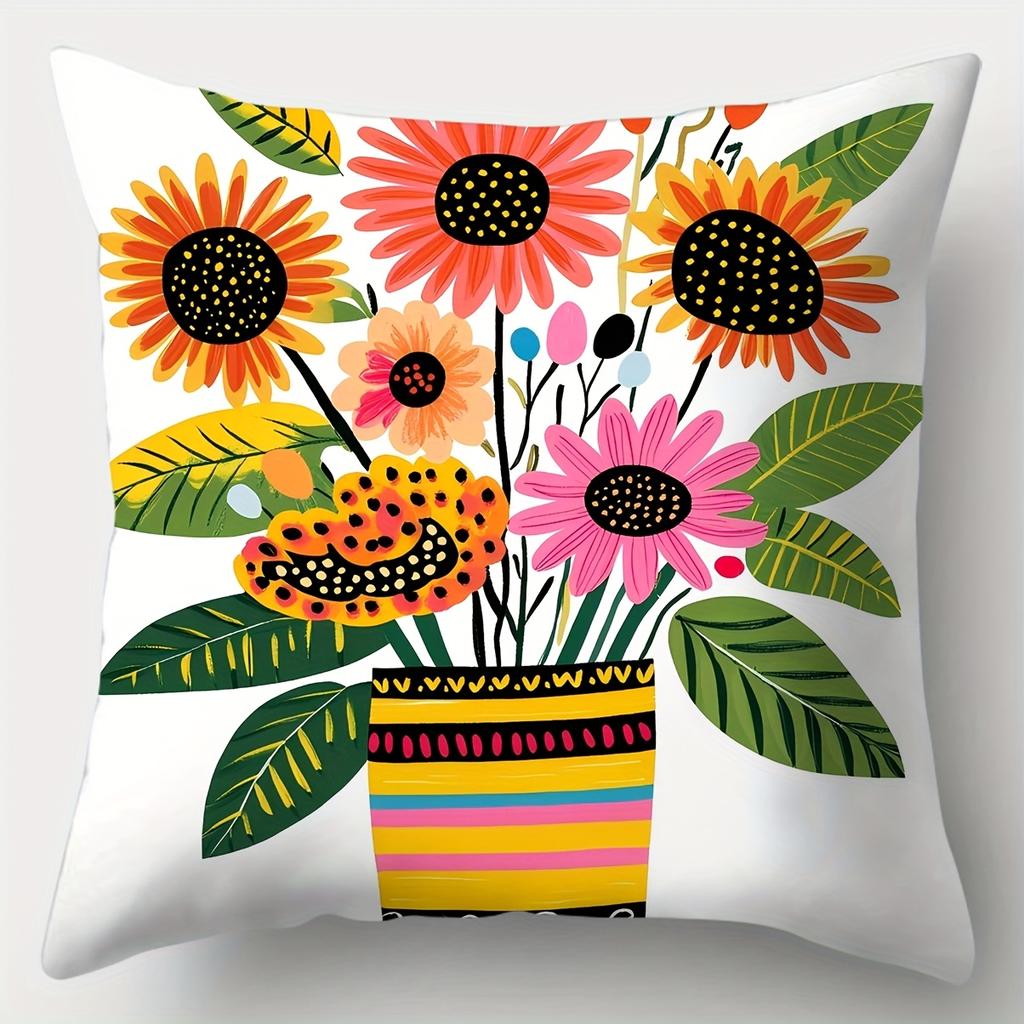 4pcs Set, Sofa Pillow Case, Cartoon Sun And Cactus Pillow Case,45x45cm, Single-Sided Print, Home Decoration, Sofa Waist Pi