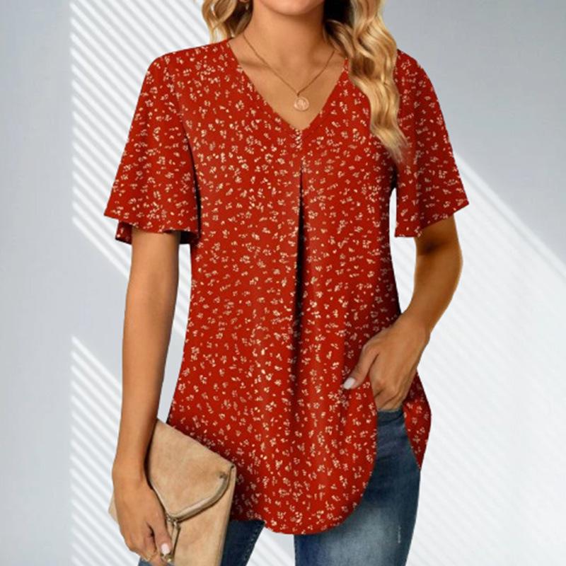 I Lager Sommar Blommig V-Hals Lös Kort Ärm Orange Topp