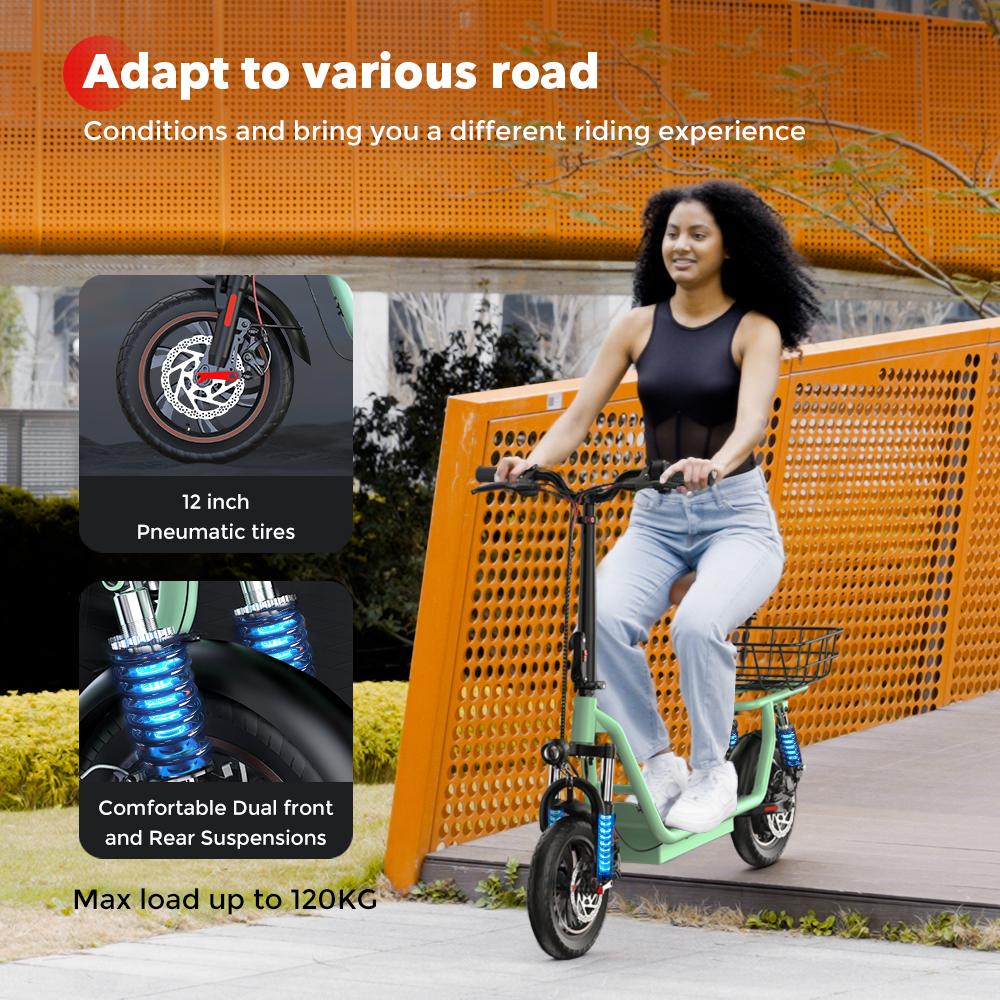 iScooter I12 12-inch Electric Scooter - 35km Range, 500W Motor, Dual Suspension System, Foldable + Seat, Convenient for commuting,Green