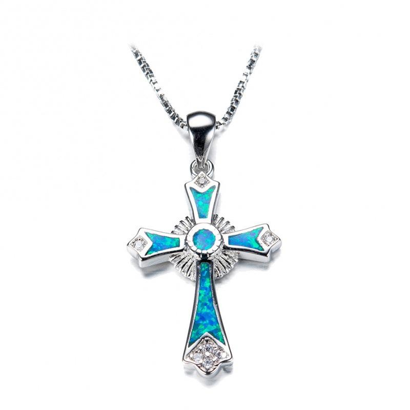 Accessories Jewelry European and American Fashion Blue Opal White Diamond Cross Pendant Necklace