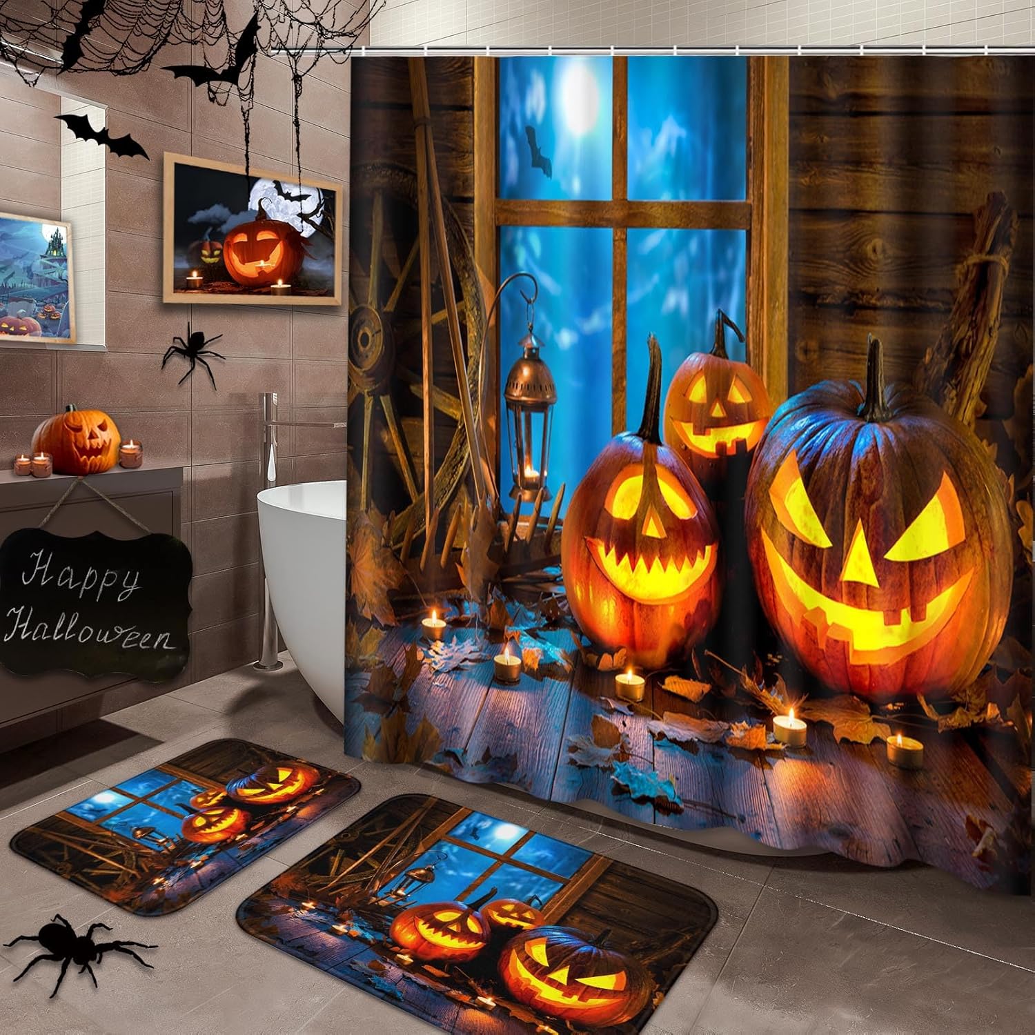 

Arttohalloween Pumpkin Bathroom Set With Shower Curtain And Rugs And Accessories, Fun Ghost Black Shower Curtain Set, Spooky W60H190(CM)-1 Pcs