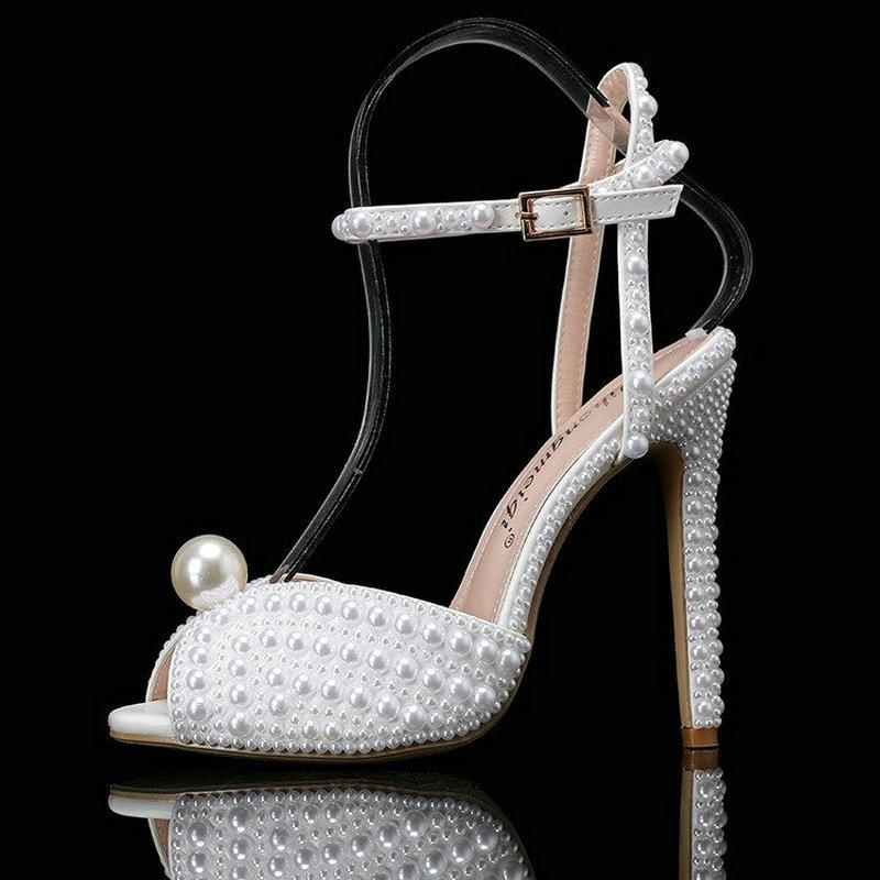 Fashion Sweet Handmade Pearl Stiletto Line With Shallow Cut Party Wedding Shoes Thick Heels High Heels For Women