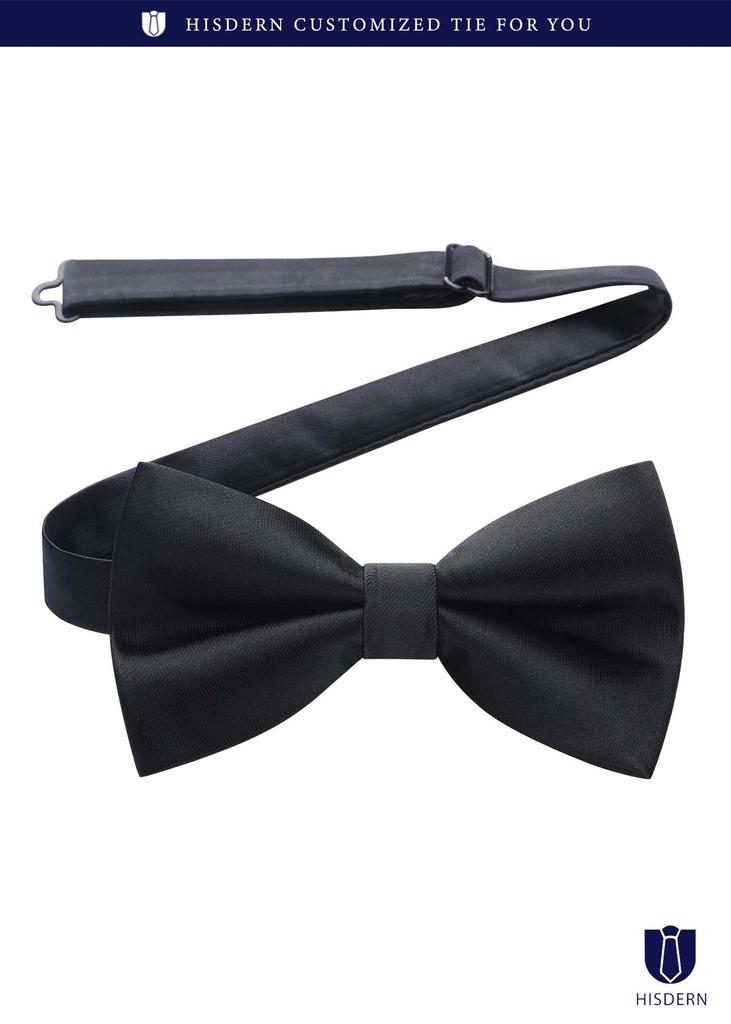 [HISDERN] Black Bow Tie for Men, Plain Silk, Formal Wear, Hook Closure, Easy to Put On and Take Off, Party Gift By BR-04