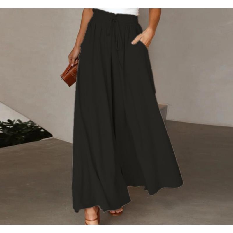 

Summer High Waist Wide Leg Palazzo Pants Elastic Drawstring Waist Loose Flowy Long Trousers with Pockets Casual Daily Beach Wear Culottes Pants XXL чорний