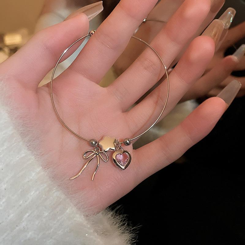 Sweet Simple Heart Bowknot Zircon Charm Opening Adjustable Thin Bracelet For Women Girls Aesthetic Jewelry Birthday Gift