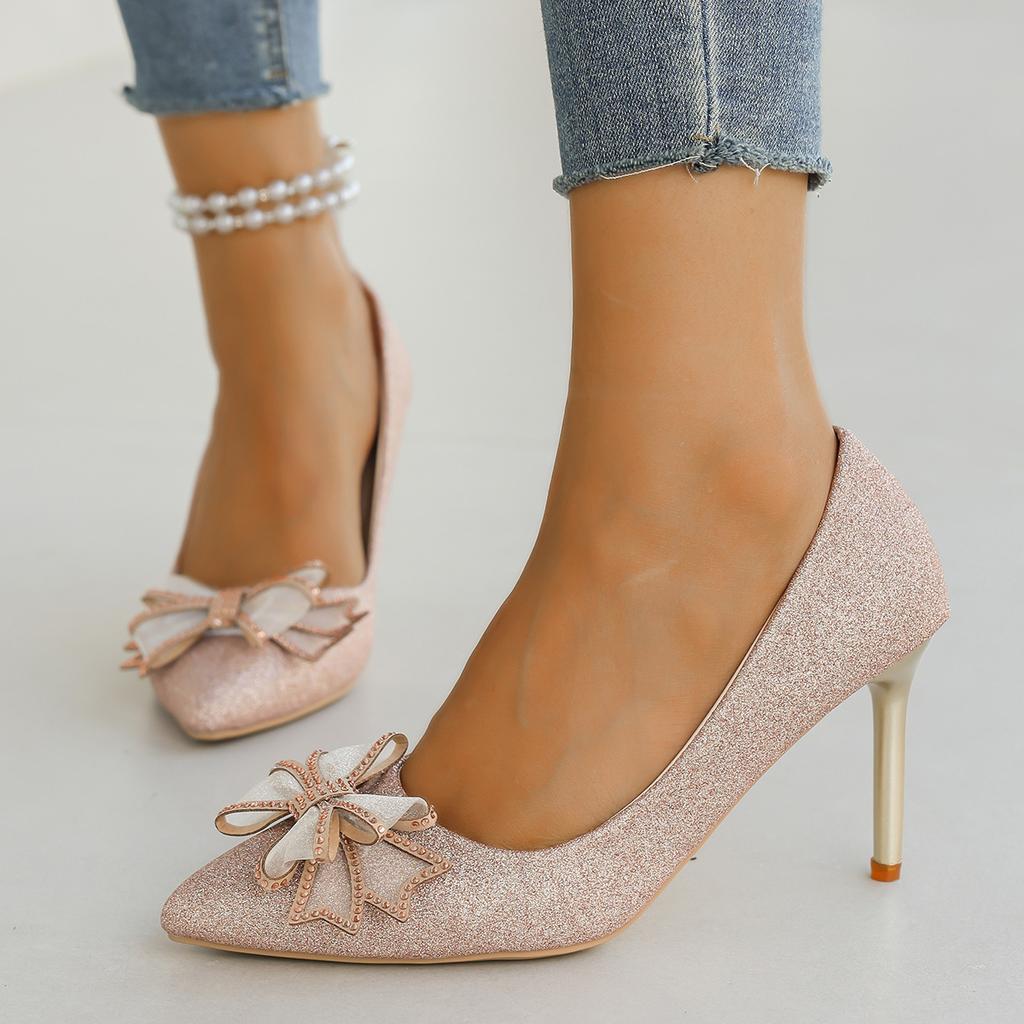 Fashion Brand Design Bowknot Decoration Pumps Women 2025 Summer Sexy Pointed Toe Super High Heel Pumps Luxury Glitter Wedding Shoes