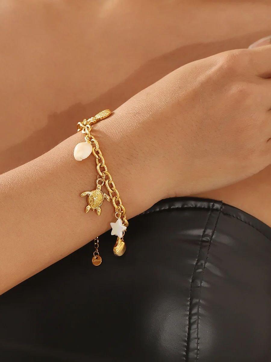 

Summer beach stainless steel chain bracelet fashionable turtle shell ocean style pendant hand accessory золотистый