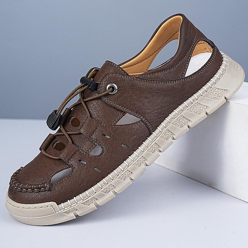 Hard summer leather men's sandals hand-stitched non-slip men's shoes soft-soled outdoor casual shoes bag head shoes