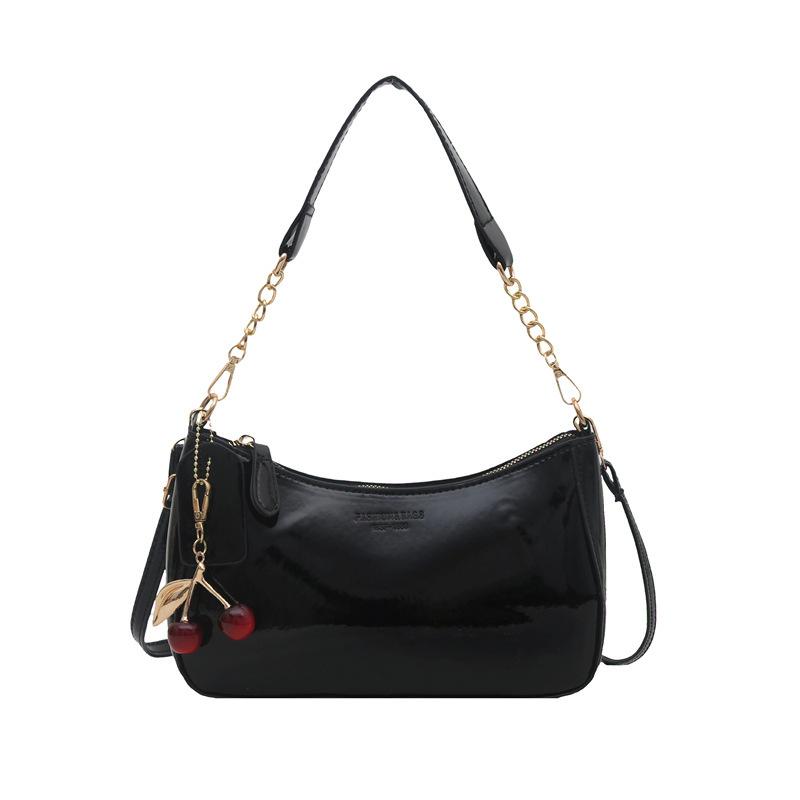 

Повсякденна однотонна сумка на плече з ПУ шкіри, корейська вінтажна проста сумка під пахву, сумка-тоут для поїздок на роботу з підвіскою-вишнею чорний