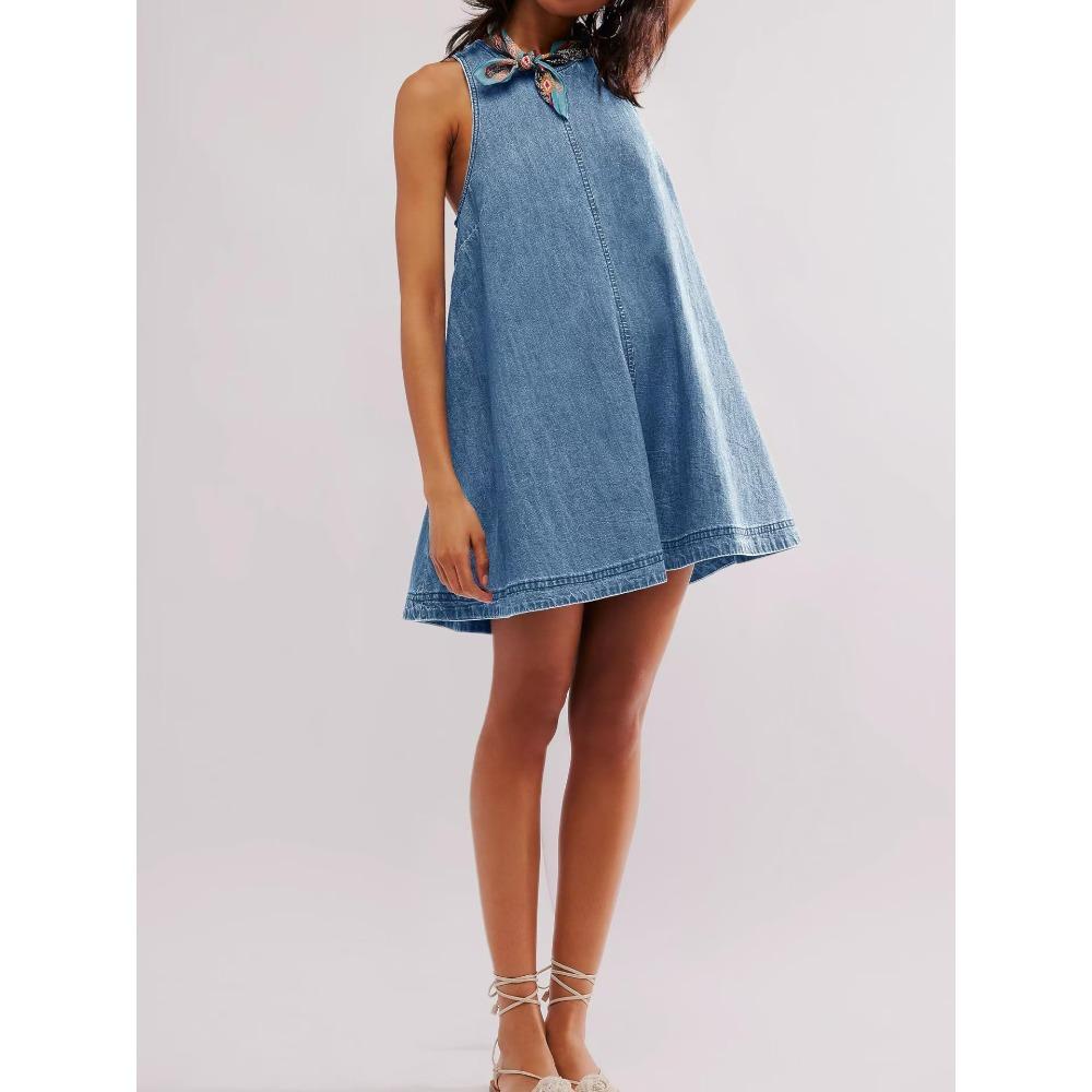 Trendy Women's Sleeveless A-line Dress Denim Skirt Loose Fit Slimming Round Neck Tank Dress, Casual Vintage Summer Dress for Daily Wear & Vacations