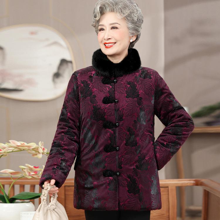 Middle-aged and Elderly Mothers Winter Coat Grandma Plus Velvet Thickened Cotton Jacket 70-year-old 80-year-old Tang Suit Warm Clothes for Women