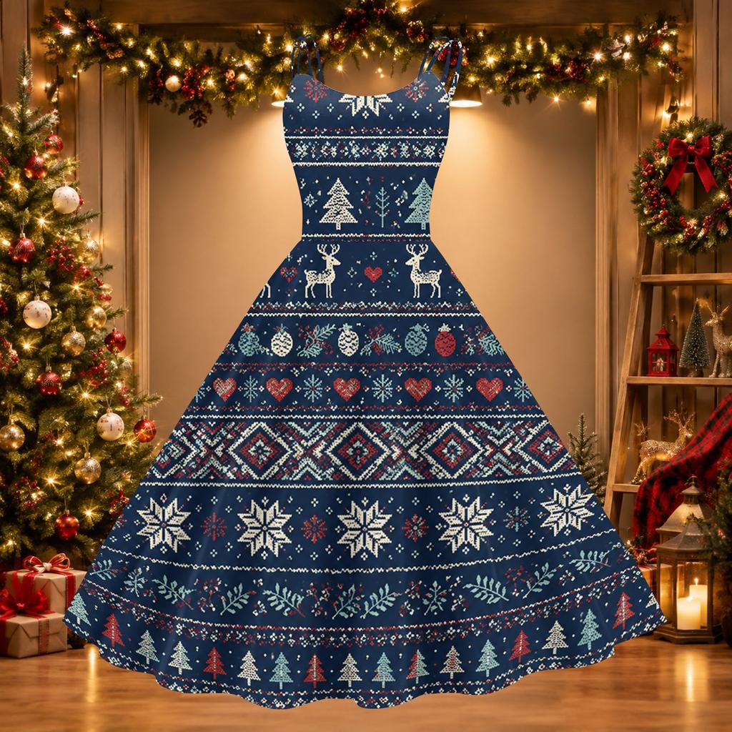 Women's Sexy Off Shoulder Christmas Print Retro Dress for Party