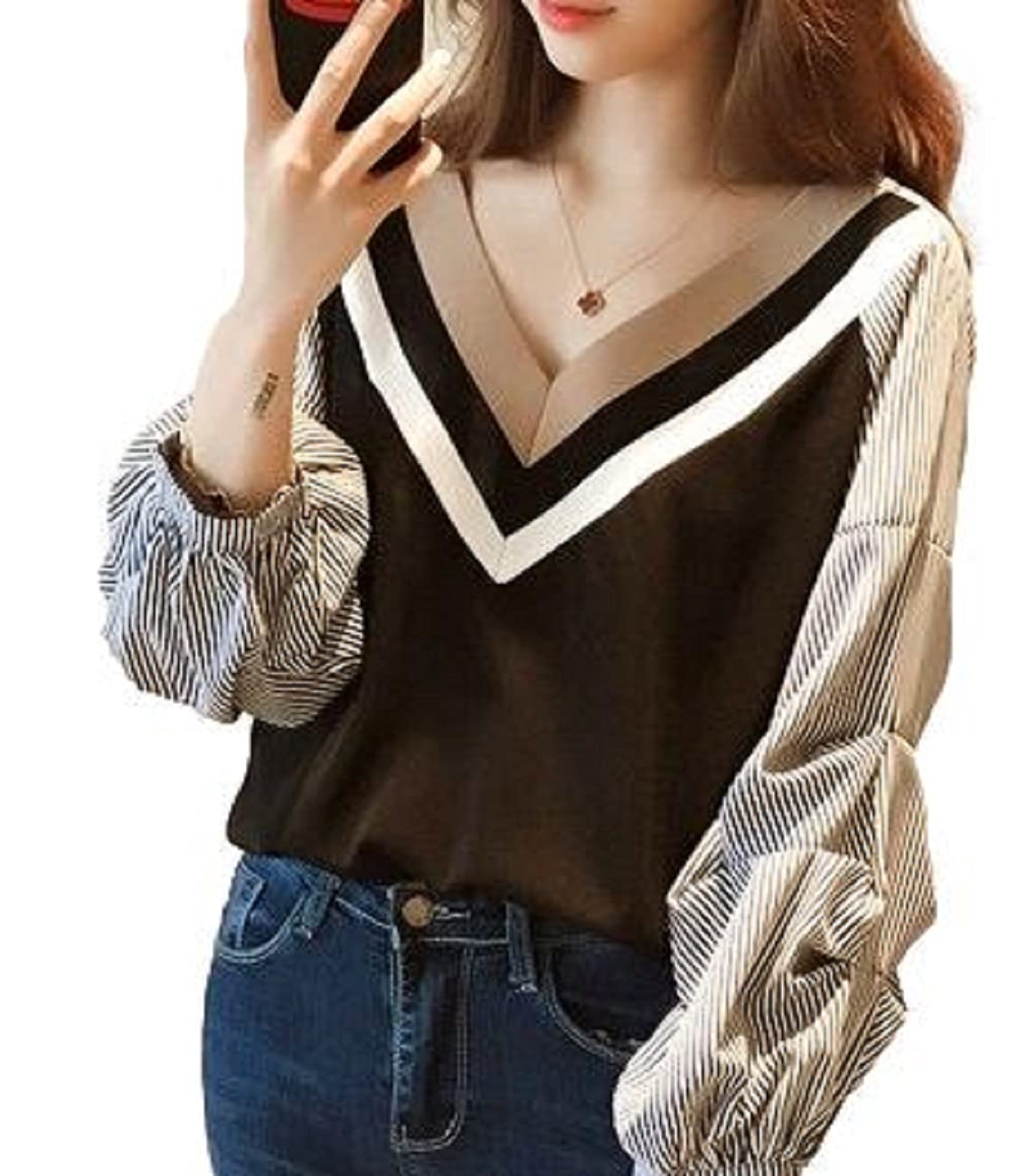 

Shirt Knit Pullover Striped [1/2style] [Nibunnoichi Style] V-Neck T-Shirt Women s (Black, XL) чёрный