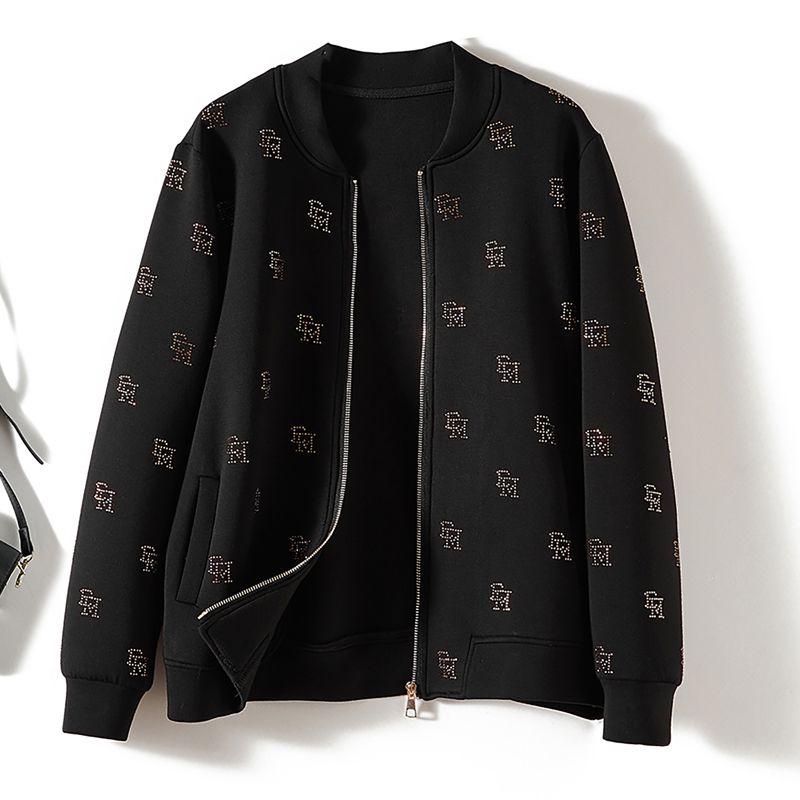 

Полностью водорастворимый узор из алмазных букв по всему телу! Женская свободная бейсбольная куртка с маленьким воротником-стойкой, осенне-зимнее пальто, Slow Hands Black 2XL