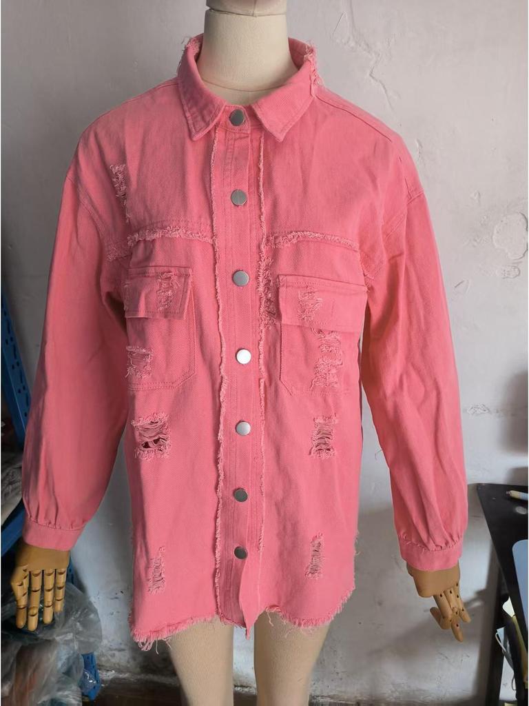 Women's Ripped Denim Jacket - Solid Color, Loose Fit, Long Sleeve, European & American Style