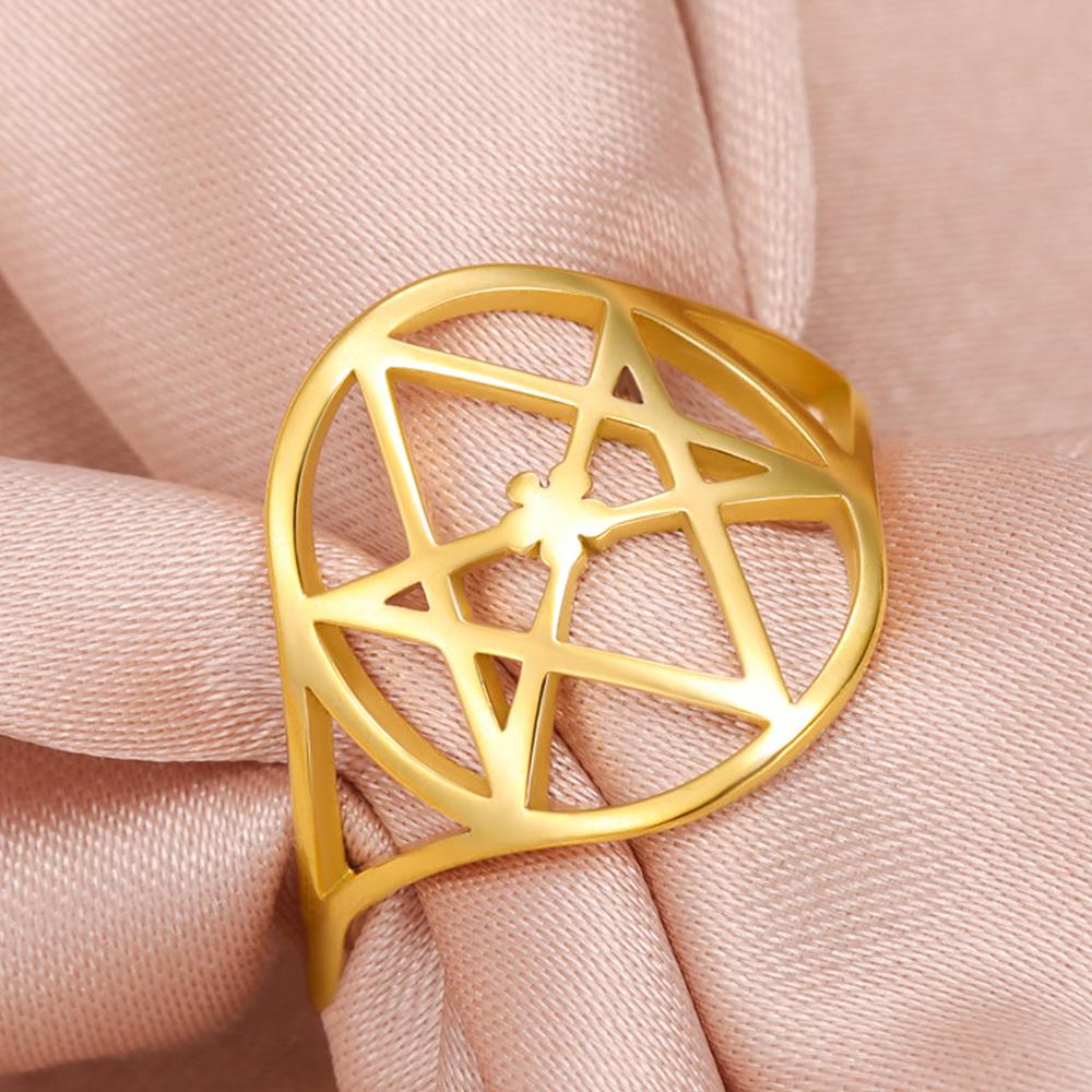 Dawapara Unicursal Hexagram Symbol Stainless Steel Ring for Men Women Thelema Sacred Geometry Spiritual Jewelry