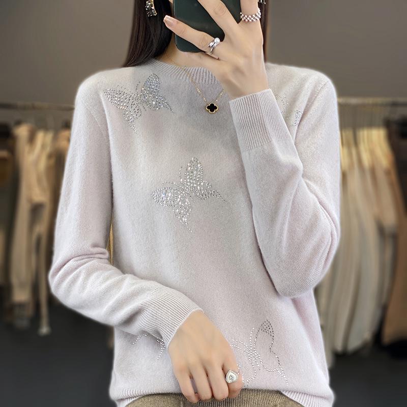 Butterfly Rhinestone Crew Neck Casual Spring Sweater for Women