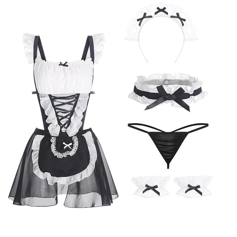 Women's Cutout Backless Frilly Maid Role Play Costume Lingerie Set