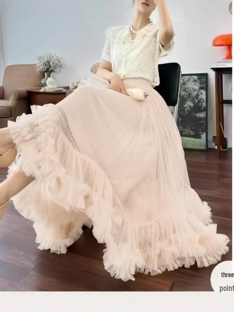 2026 New Women's Apricot Mesh A-Line Skirt High-Waist Slimming Gentle-Touch Long Skirt