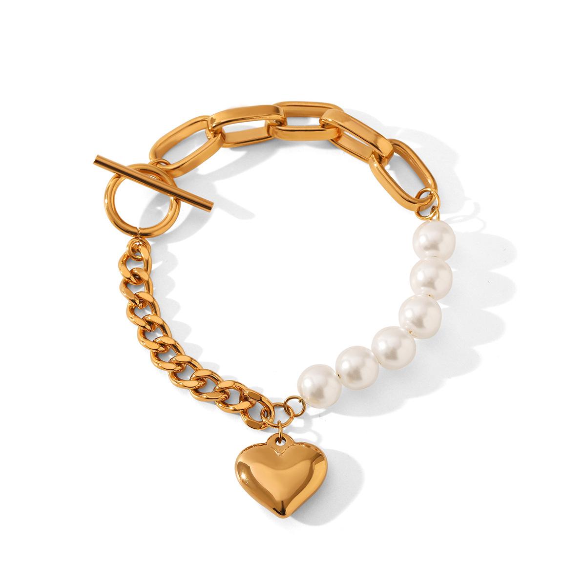 

Premium Pearl Bracelet for Women, Stainless Steel Heart Pendant Spliced Chain OT Clasp Titanium Steel Jewelry