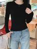 Women's Slim Fit Fleece-Lined T-Shirt: Warm, Fashionable, Round Neck, Long Sleeve, Waist-Cinching Base Layer for Autumn and Winter.