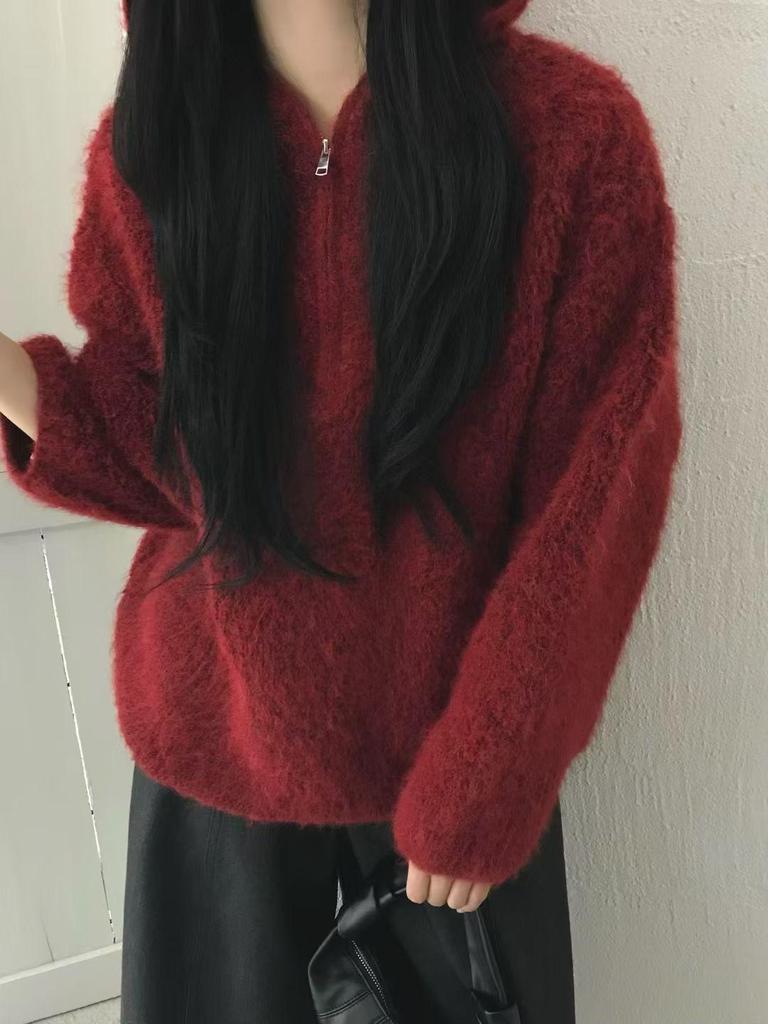 Korean Red Lambswool Brushed Half-Zip Hooded Knit Pullover Sweater for Women - Autumn/Winter Fashion.
