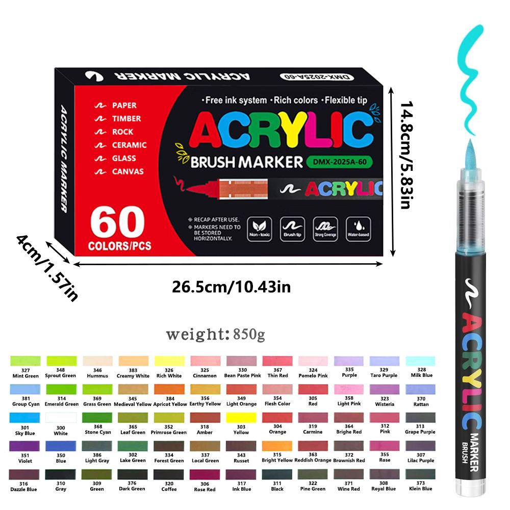 12-60 Colors Acrylic Paint Pen Marker Brush Tip Paint Marker For Rock Painting Wood Canvas Stone Christmas Gift DIY Craft