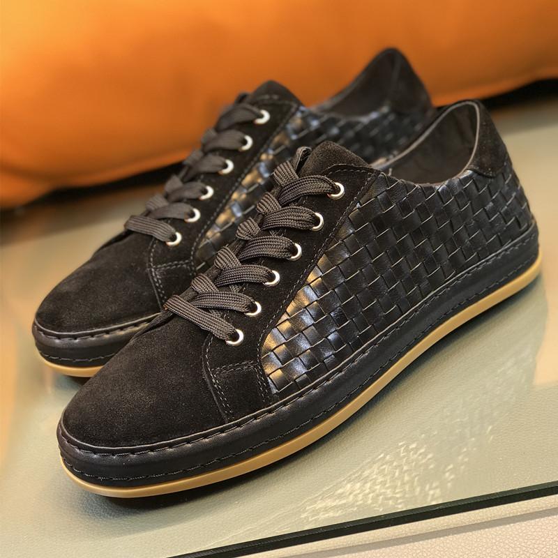 European Style Black Men Suede Shoes Genuine Leather Casual Sneakers Weaving Pattern Nature Leather Men Urban Daily Casual Shoes