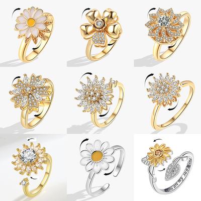Fashion Fidget Spinner Ring Anxiety for Women Multiple Crystal Sunflower Finger Rings Rotate Anti Stress Jewelry Wedding Gift