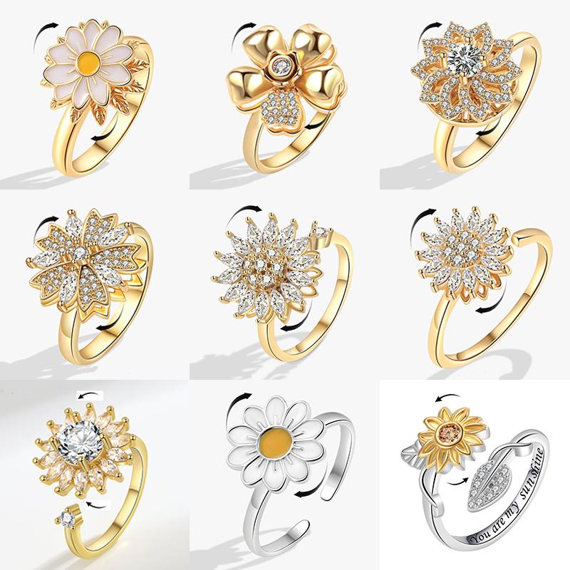 Mote Fidget Spinner Ring Angst for Kvinner Flere Krystall Solsikke Fingerringer Roter Anti Stress Zirkon Bryllupsgave