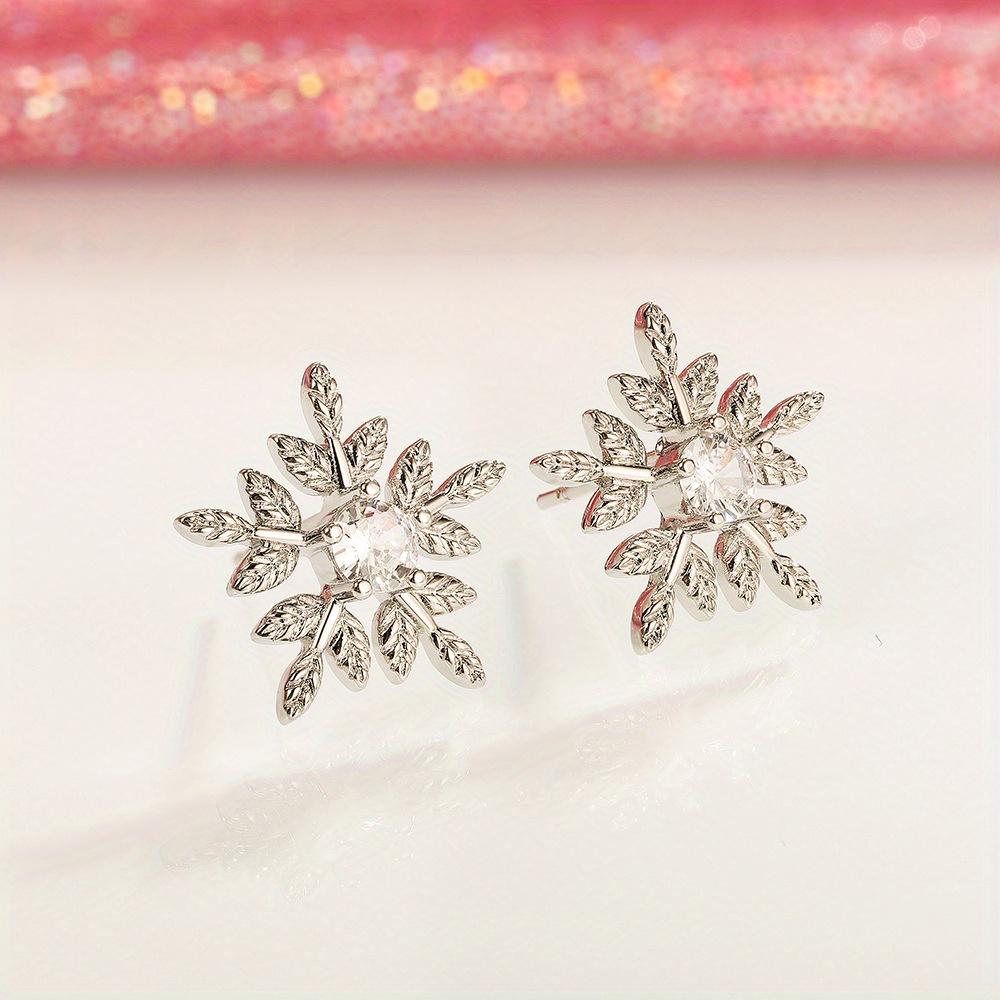 Silver Plated Leaf Snowflake CZ Stud Earrings, Sparkling Nature-Inspired Crystal Studs for Women