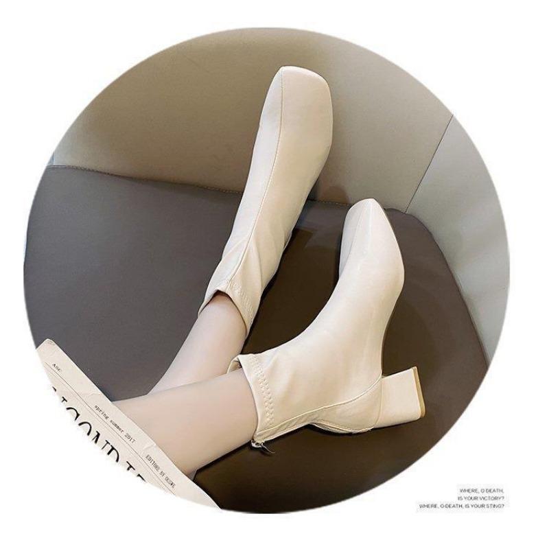 Women's Boots, Winter Square Head Back Zip Short Boots, Women's Chunky Heel Middle Heel Boots Women