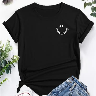 Uśmiechnięta twarz Nadruk Casual T-shirt Okrągły dekolt Krótkie rękawy Elastyczna Wygodna Uniwersalna Sportowa Koszulka Damska Topy