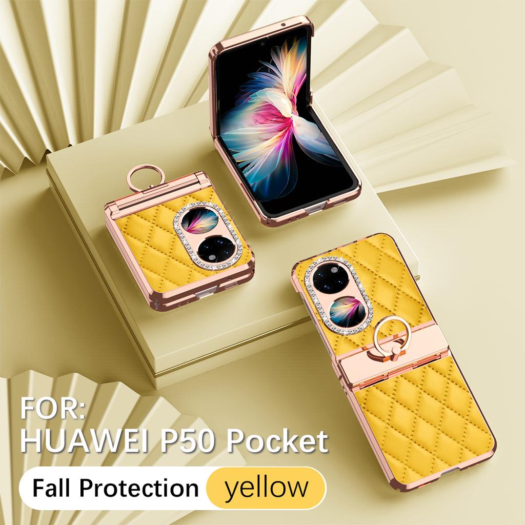 Luxury Fashion Diamonds Leather Plating Ring Holder Phone Case For Huawei P50 Pocket Hinge Full Protection Case Cover