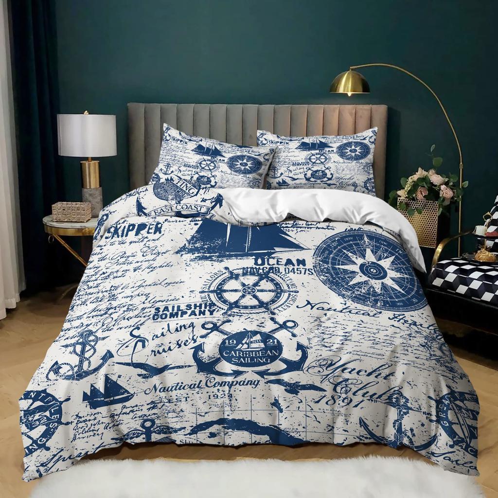 Nautical Anchor Striped Pattern Bedding Cover With Pillowcase Quilt Cover Three-Piece Duvet Cover Set