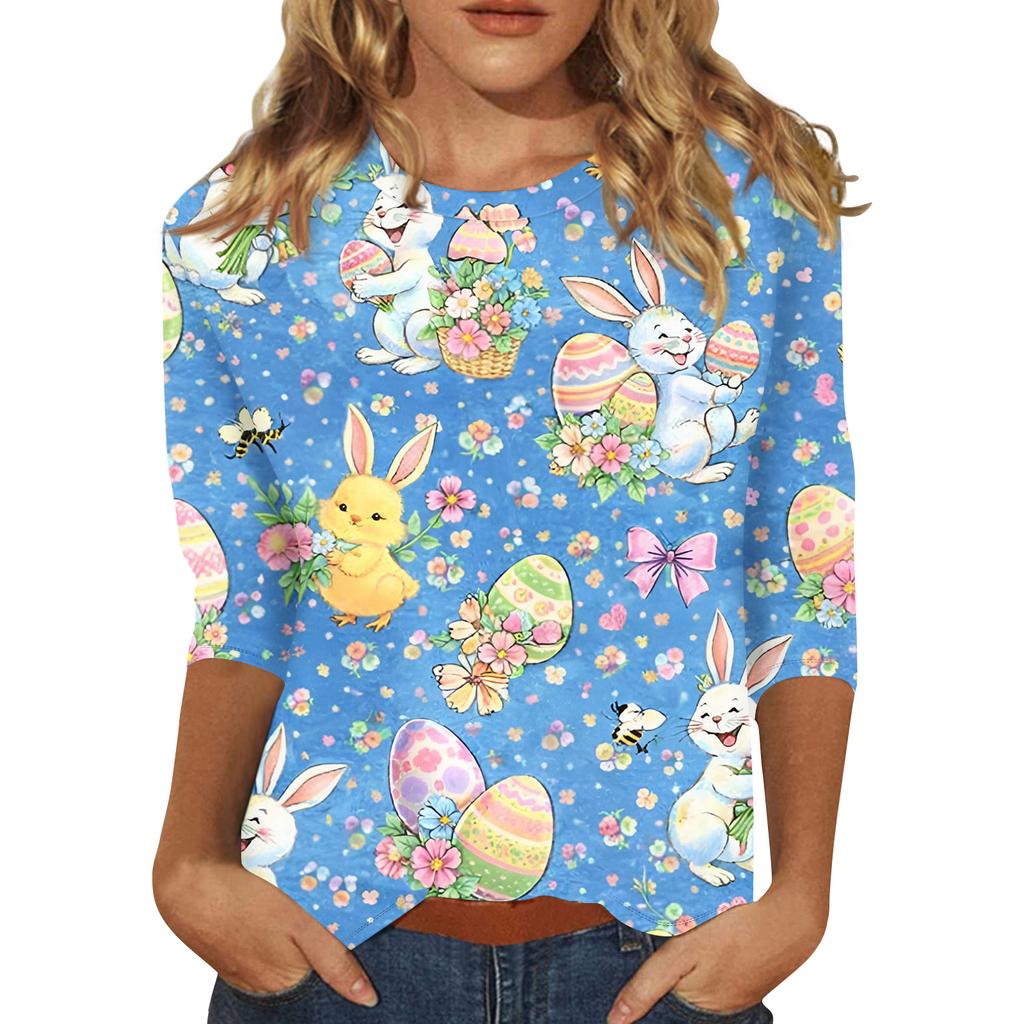 Modisches lässiges Damen-Pullover-Oberteil mit Dreiviertelärm und Osterdruck, Rundhalsausschnitt