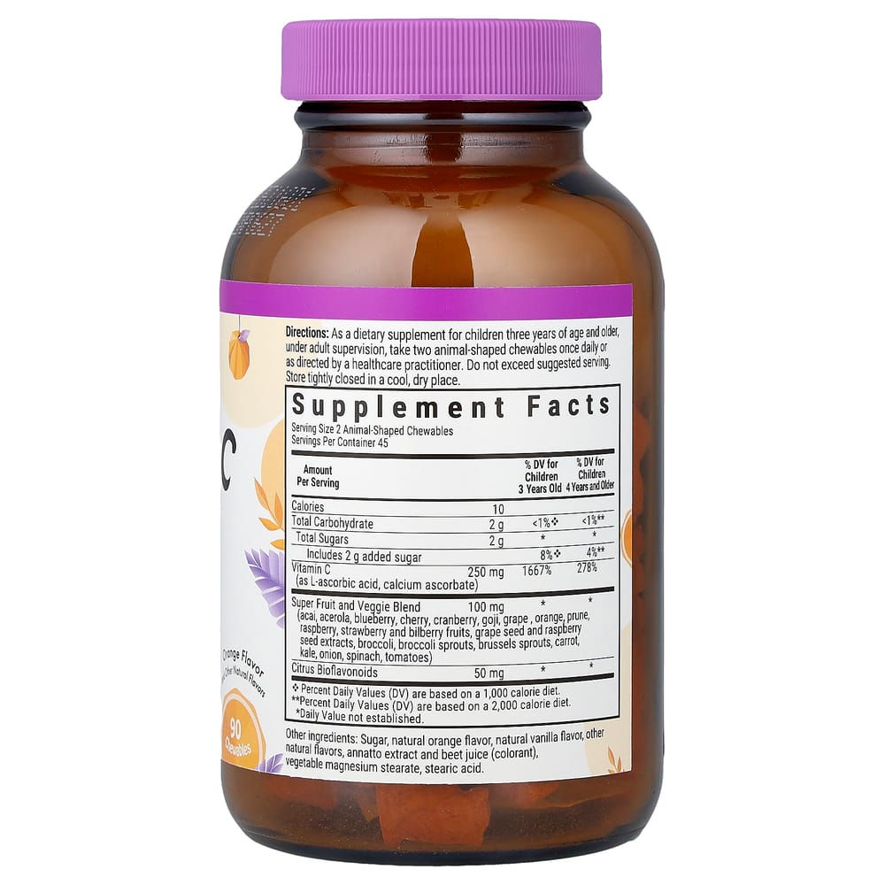 Bluebonnet Nutrition Rainforest Animalz Vitamin C Orange Flavor Chewable Tablets, 90 Count