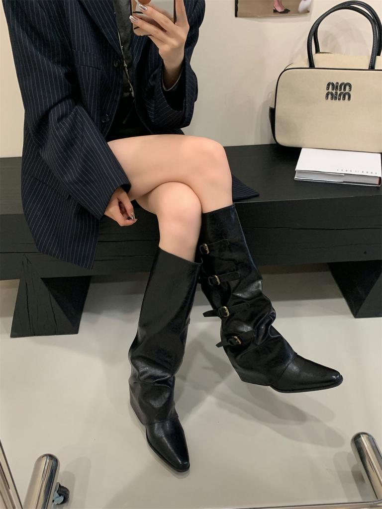 Heel Pants Boots Belt Buckle Boots 2025 Fall/Winter Pointed Western Cowboy Boots Vintage Spice Girl Knight Boots