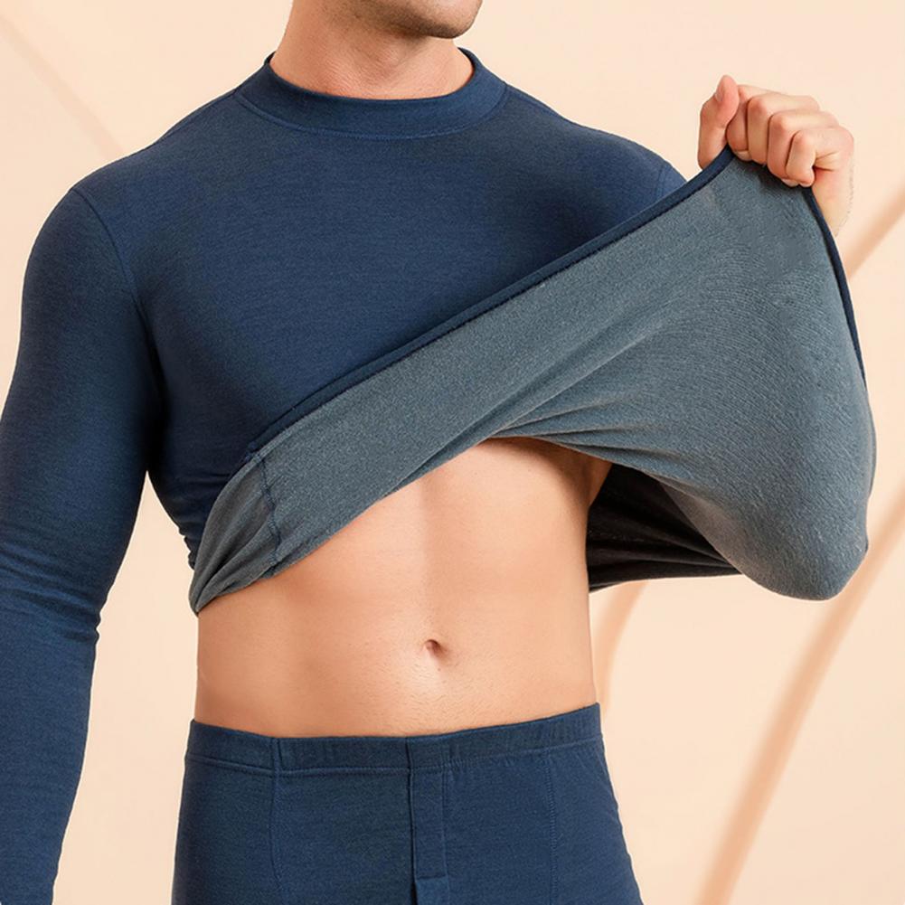 2Pcs/Set Men Warm Outfit O-Neck Long Sleeve Thermal Top High Waist Long Trousers Set Slim Fit Breathable Bottom Outfit