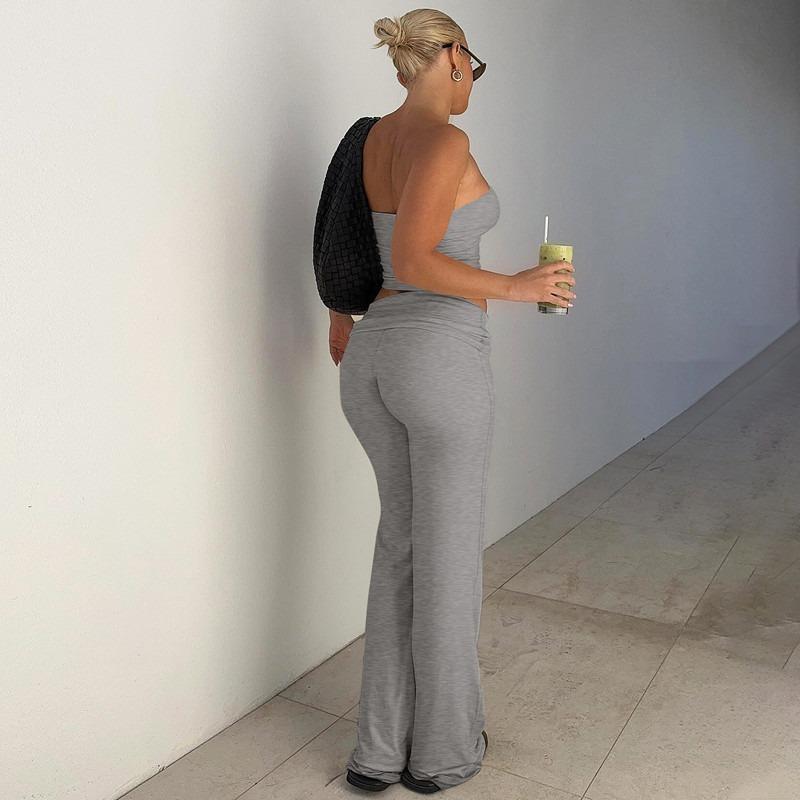 Women Casual Solid Strapless Sleeveless Top Flared Pants Two Piece Set
